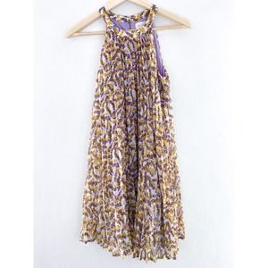Women's Yellow Purple Floral Pleated Halter Sleeveless Tank Dress Small Spring